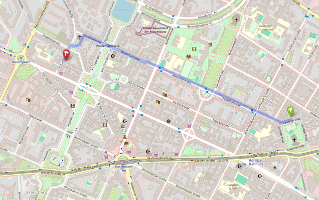 Karte des Wegs vom Lausitzer Platz über Waldemar- und Dredner Straße zur Luckauer Straße